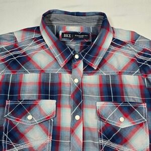 BKE Mens western Large Standard Fit Short Sleeve Plaid Pearl Snap Shirt Blue Red